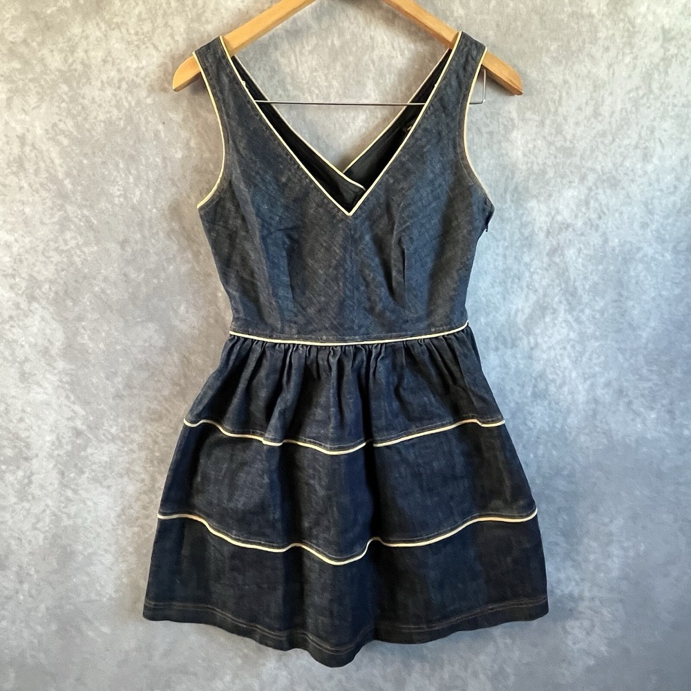 Betsey Johnson Denim Dress Womens 4 Blue Tiered Contrast Piping V-Neck Retro